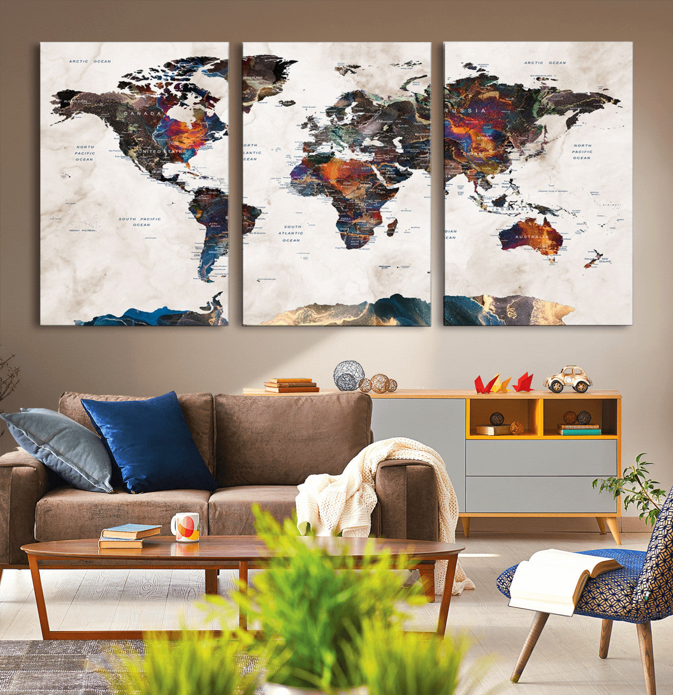 MGV-CV-60X30-3P - Push Pin World Map Canvas Print – Framed Wall Art for Couples to Track Their Travels – Anniversary