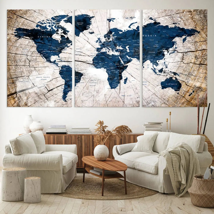 The living room exudes style with the Blue World Map Canvas Wall Art, a rustic-style triptych that's prominently displayed on the wall. This global decor piece adds an elegant touch to the space.