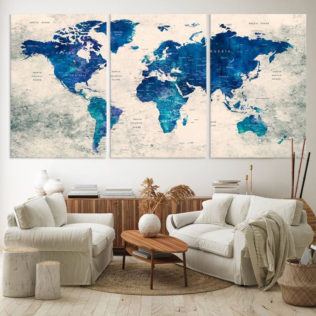 Navy Blue Push Pin World Map Canvas Print featuring a grunge-stained background, with labeled countries and oceans.