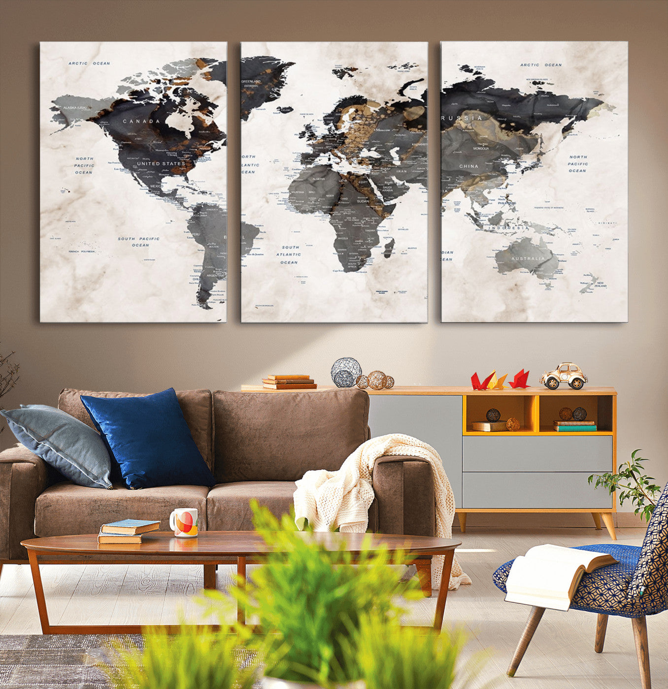 MGV-CV-60X30-3P - Push Pin World Map Canvas Print – Framed Wall Art for Couples to Track Their Travels – Anniversary