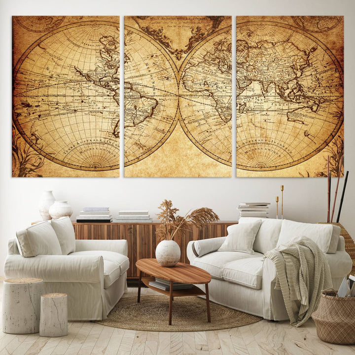 Vintage World Map Wall Art | 3-Panel Canvas Print for Living Room, Office, or Study | Giclee Canvas with Antique Design