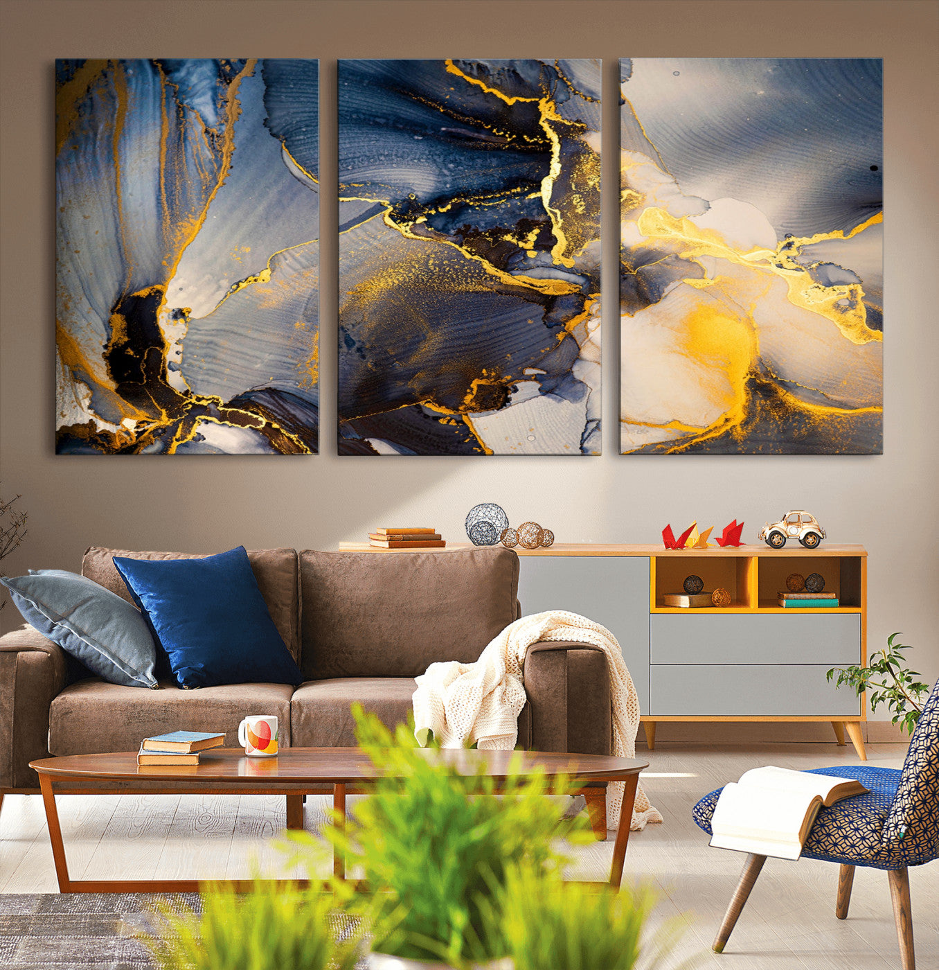 42100-MGV-CV-36X24-Large Abstract Wall Art Print - Gold and Blue Abstract Canvas Wall Art | Fluid Ink Modern Luxury Wall Decor for Living Room Decor