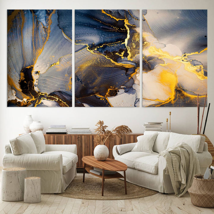 Large Abstract Wall Art Print - Gold and Blue Abstract Canvas Wall Art | Fluid Ink Modern Luxury Wall Decor for Living Room Decor