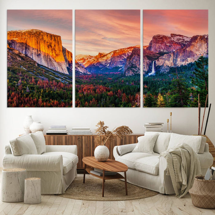 An El Capitan Yosemite Canvas showcasing a sunset over a mountain valley.