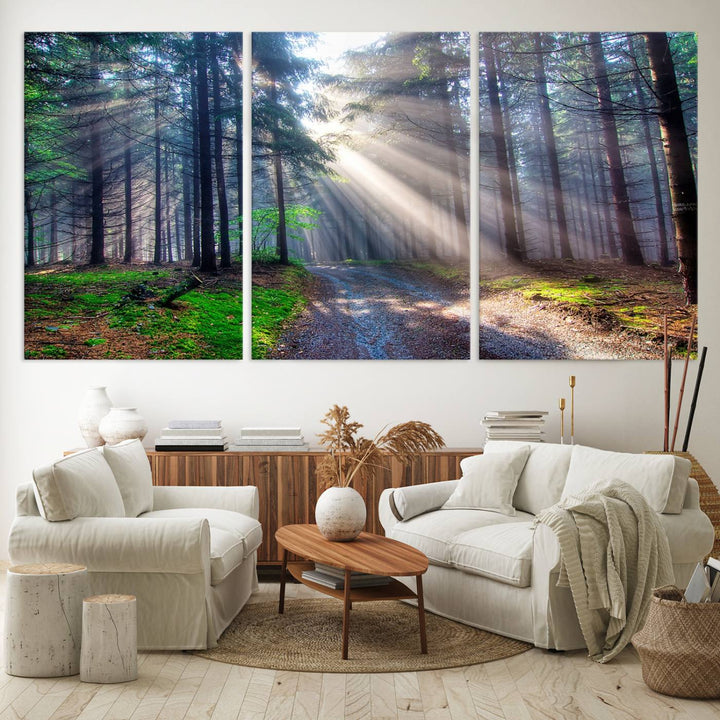 The dining area features a 3-panel Forest Path Canvas showcasing sun rays filtering through a misty forest.