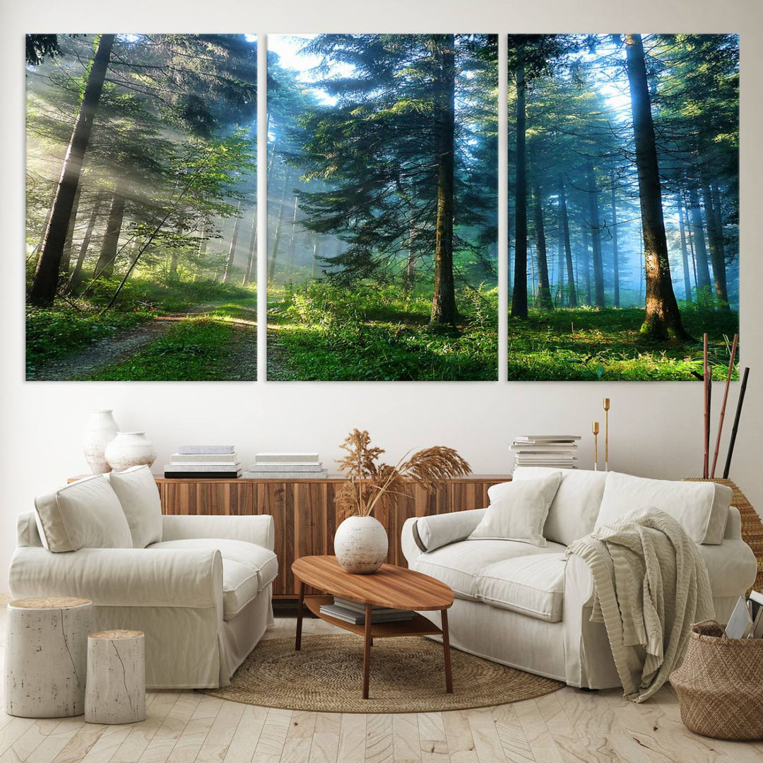 Enhancing the space is the Forest Sun Shine wall art canvas print, showcasing a serene forest scene.