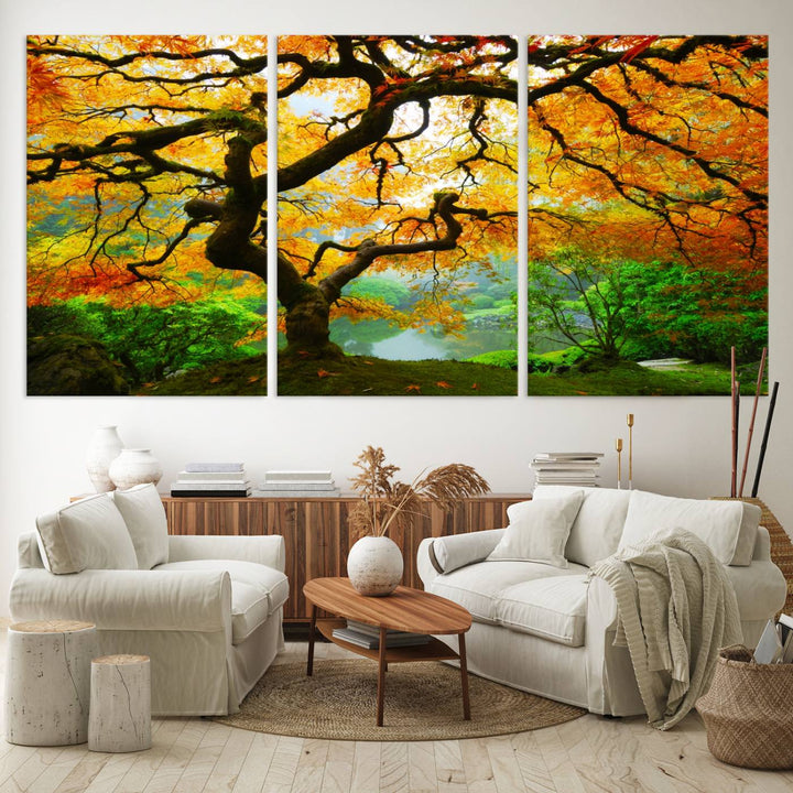 The Portland Japanese Maple Tree Canvas adds elegance to a modern living room.