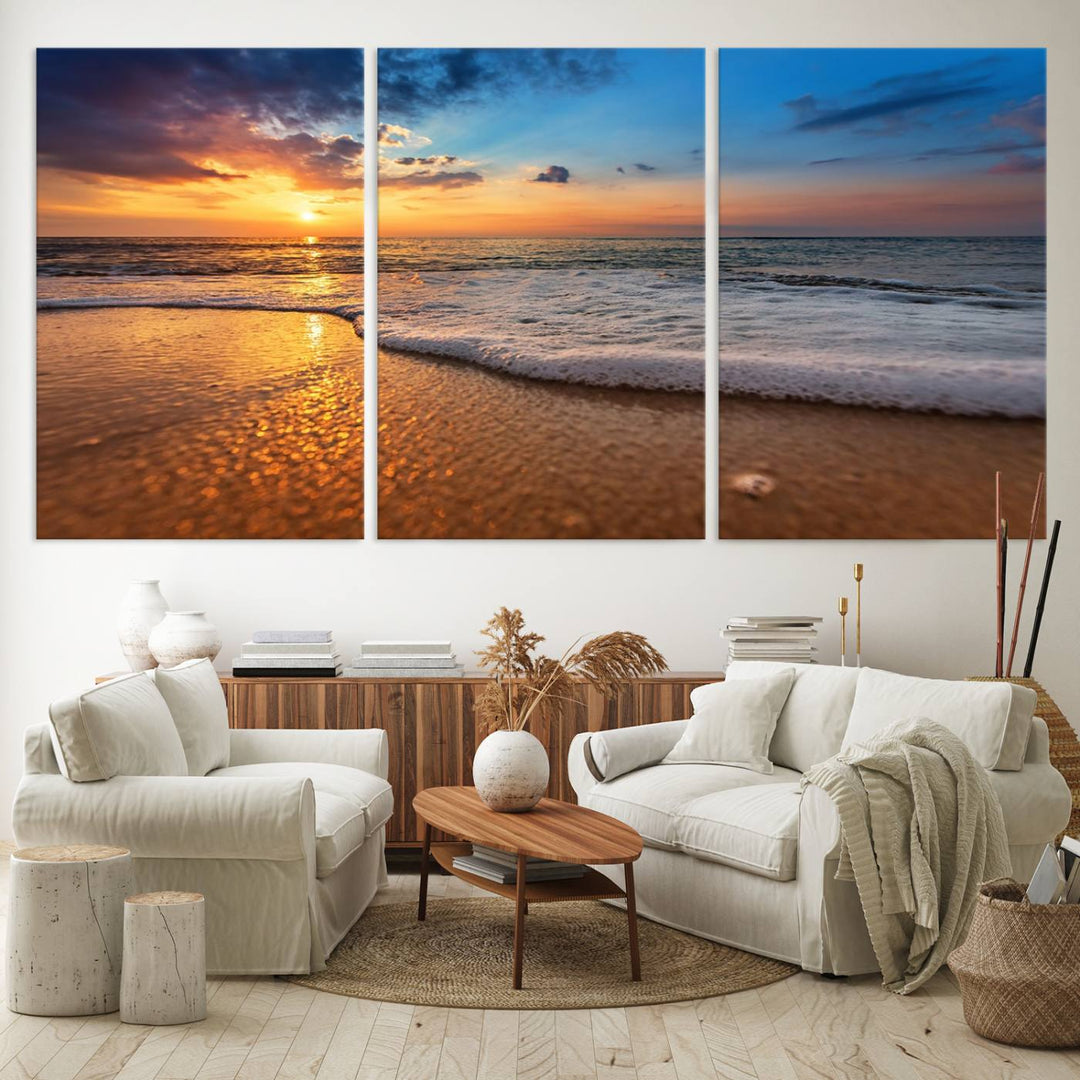 The Golden Sunset Beach Waves Triptych adds a modern coastal touch with its stunning seascape.