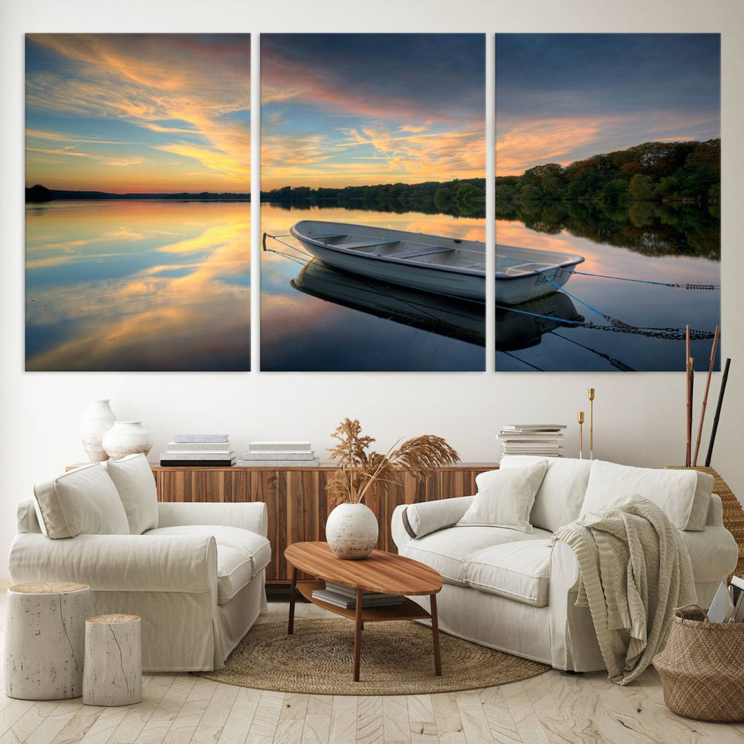 Serene Rowboat on Calm Lake Triptych Canvas Art, Giclee Wall Art of Peaceful Sunset Reflections, Tranquil Landscape Wall Art for Home or Office