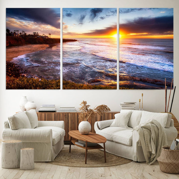 California Coastline Sunset Canvas Art, Ocean Waves Crashing on Cliffs, Giclee Canvas Print for Beach House Decor