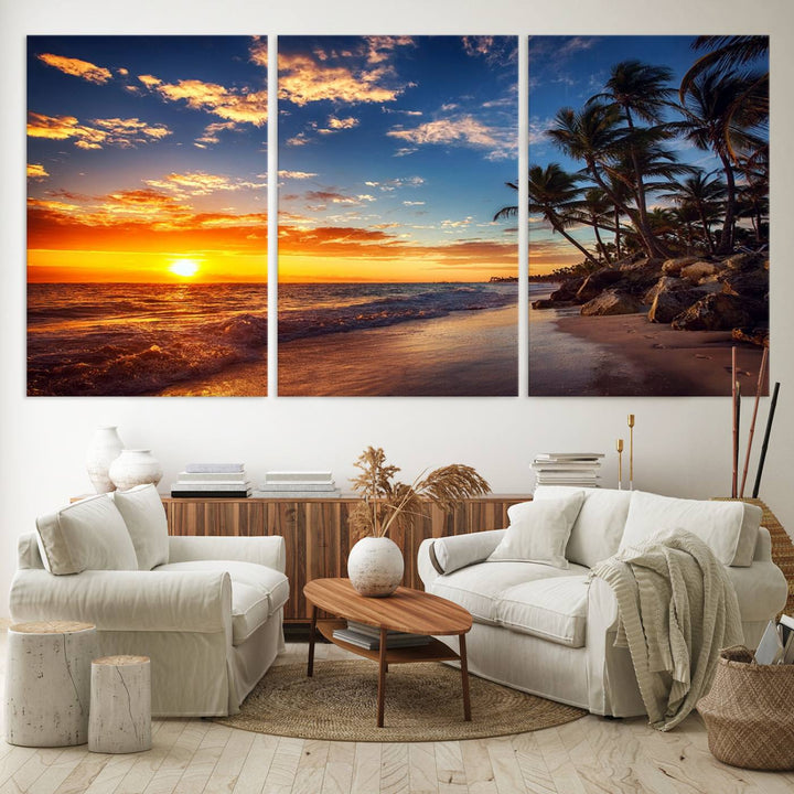 Tropical beach sunset canvas art featuring palm trees and ocean waves, printed with giclee technology and Canon print quality. Perfect for coastal home decor.