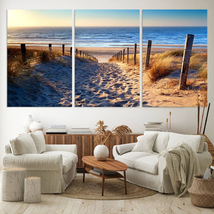 Tropical Beach Sunset Canvas Art, Ocean Waves and Sandy Shoreline Wall Art, Large Beach Decor for Coastal Homes