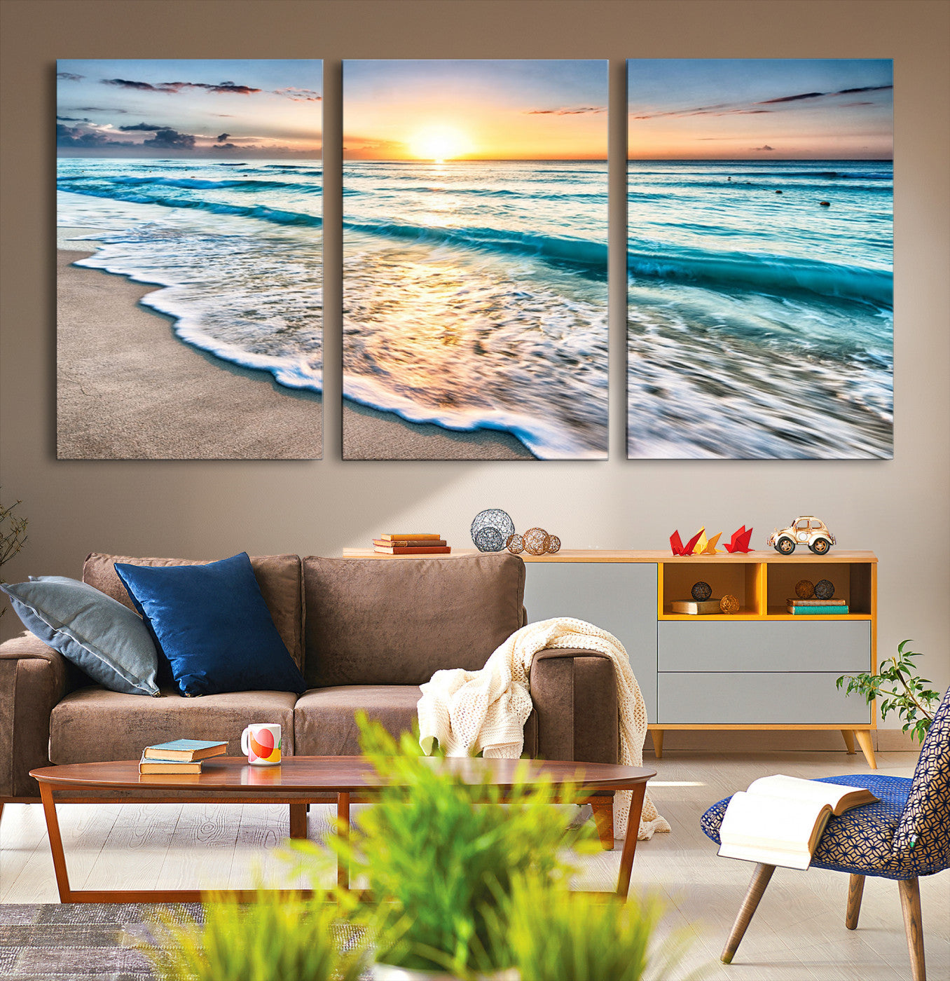 27815-MGV-CV-36X24-Sunset Beach Waves Canvas Wall Art – 5-Panel Ocean Sunset Print – Coastal Decor for Living Room or Bedroom – Ready to Hang