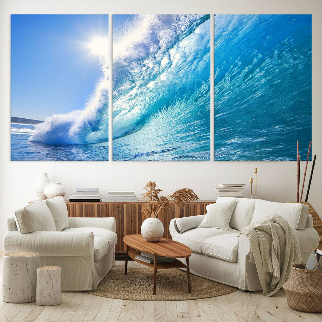 The Blue Big Wave Surfing Ocean Canvas adds a coastal vibe to a wooden wall.