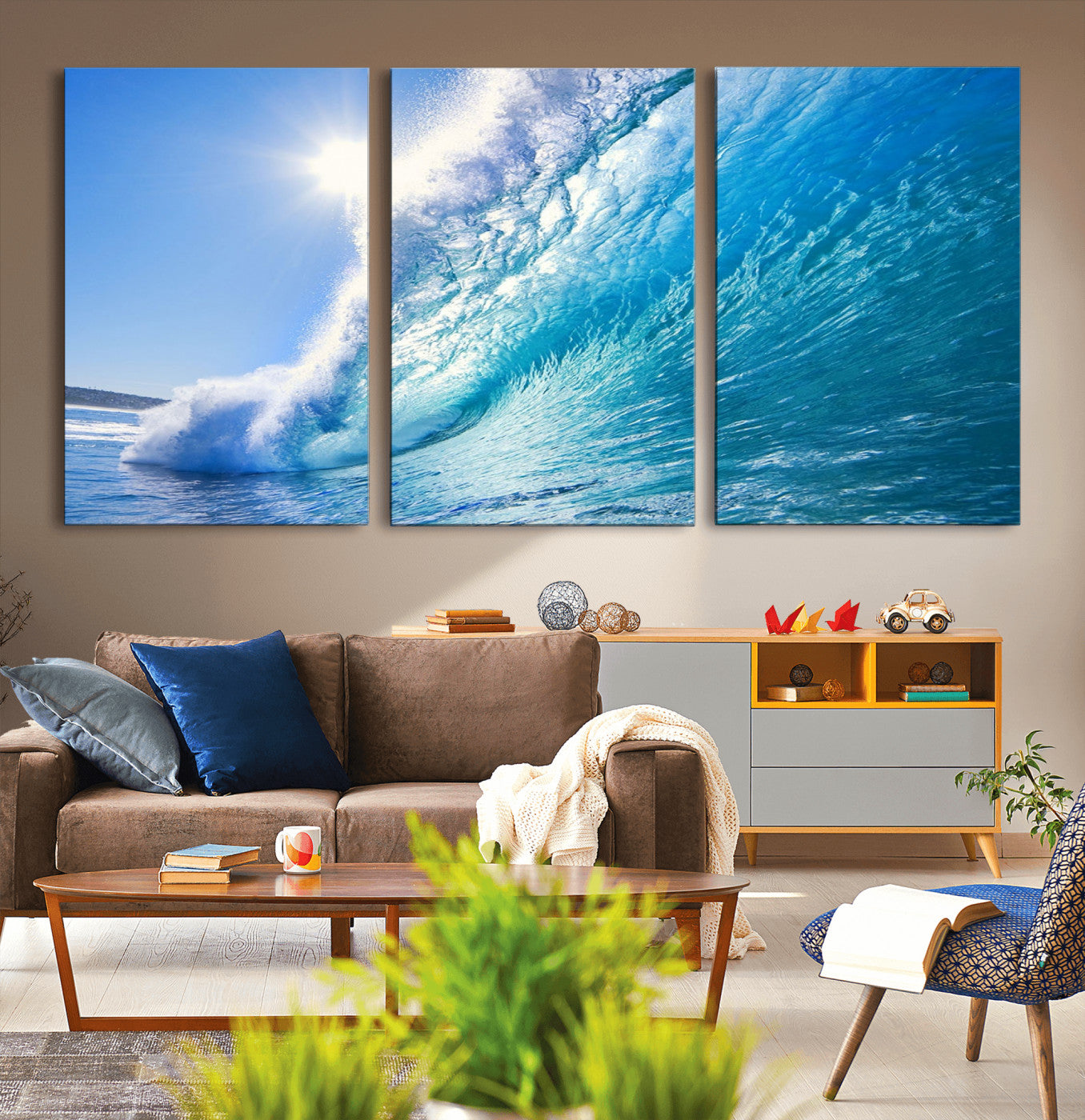 -Blue Big Wave Surfing Ocean Canvas Wall Art Artwork Print