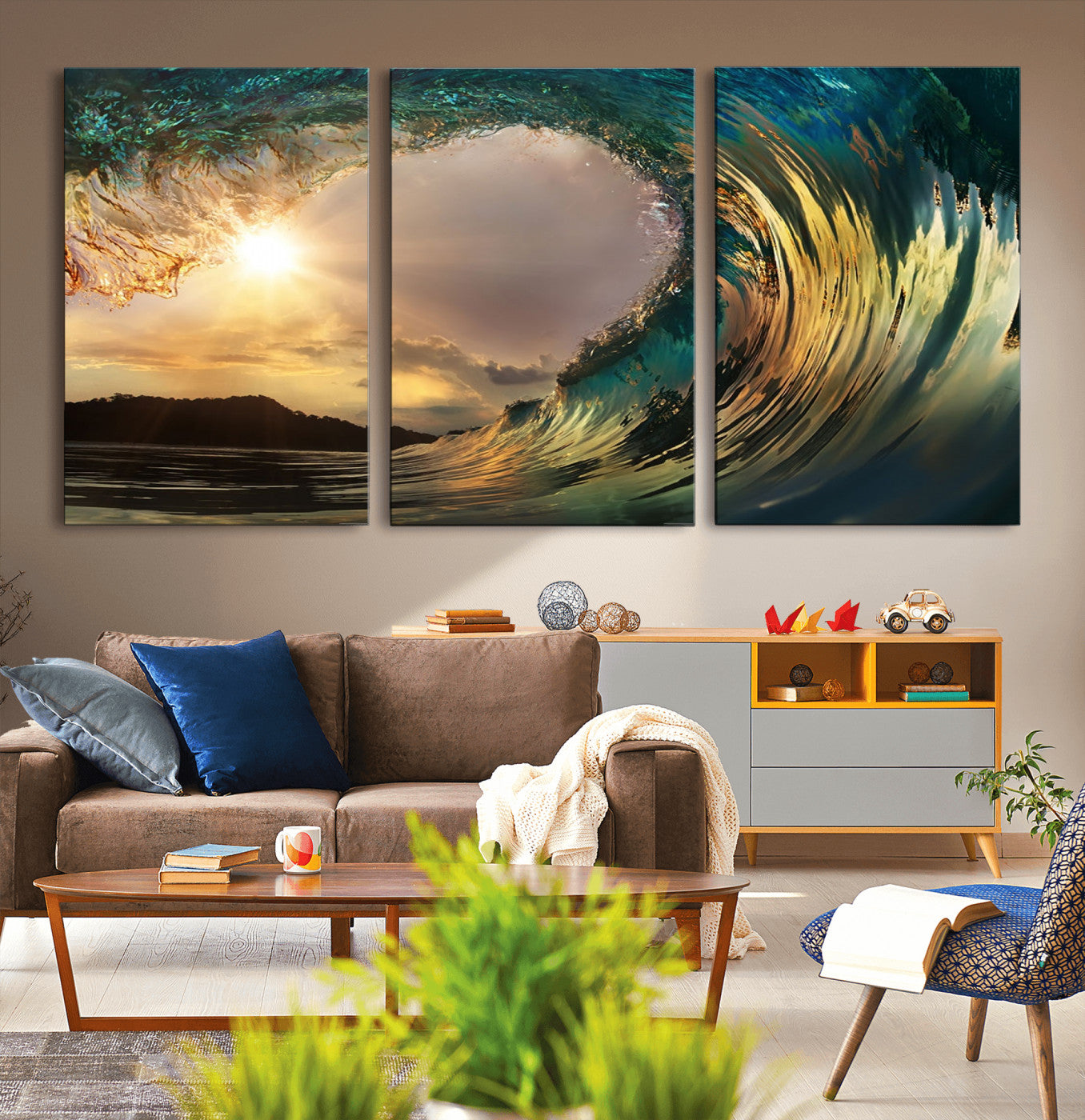 MGV-CV-60X30-3P - Golden Wave Sunset Giclee Canvas Print – Large Coastal Wall Art for Nature Lovers, Captivating Ocean Wave Decor