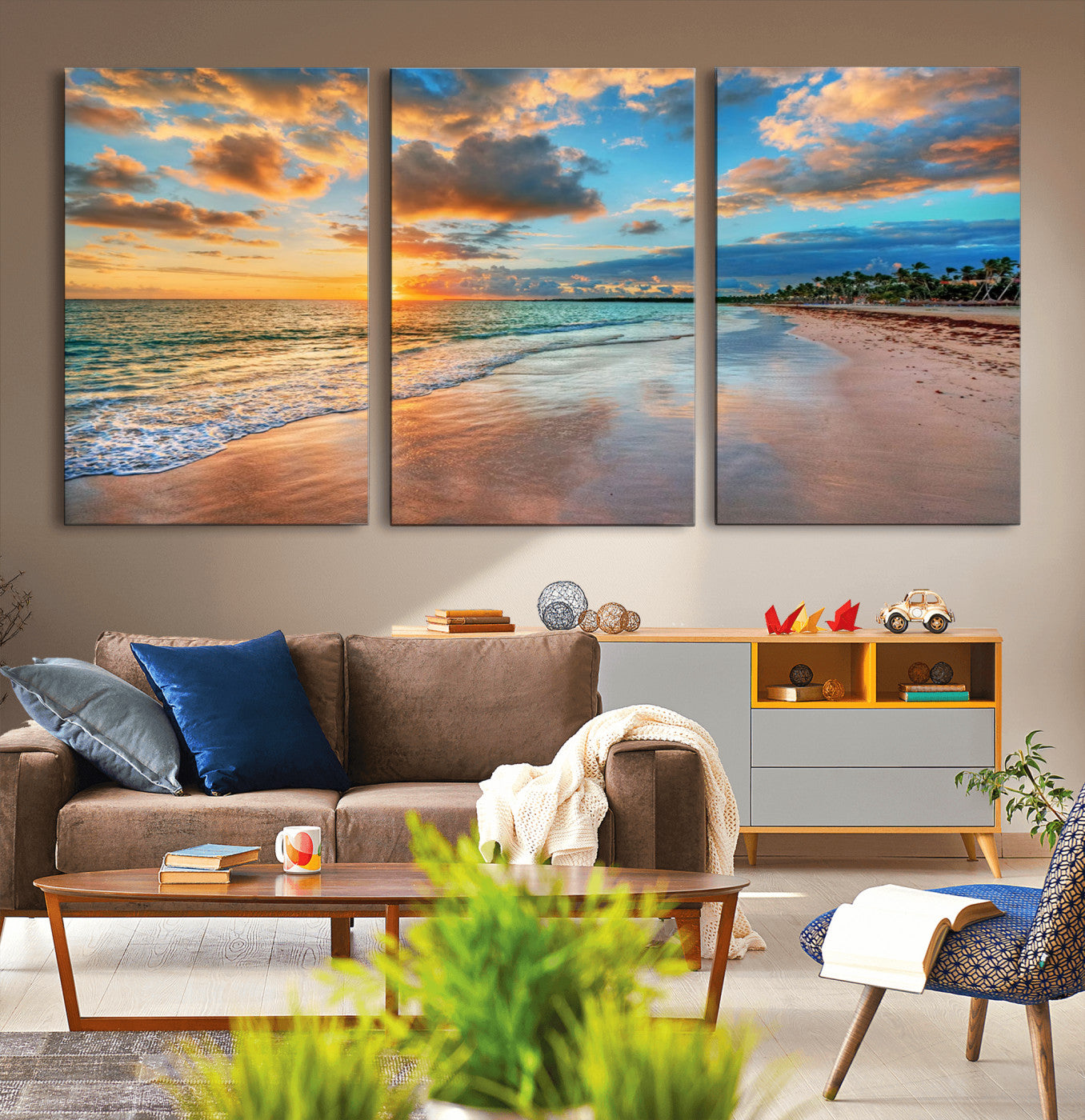 41572-MGV-CV-36X24-Sunset Beach Canvas Wall Art – Tropical Triptych Seascape Print – Coastal Ocean Decor for Living