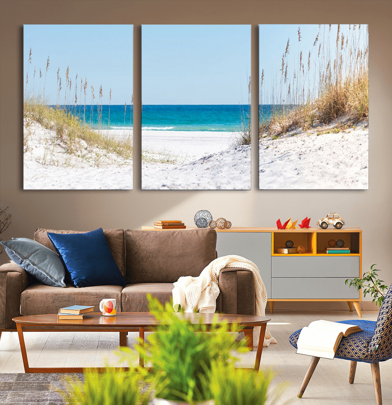 58498-MGV-CV-36X24-Serene Coastal Dune Path with Ocean View, 3-Panel Beach Canvas Wall Art, Tranquil Seascape Giclee