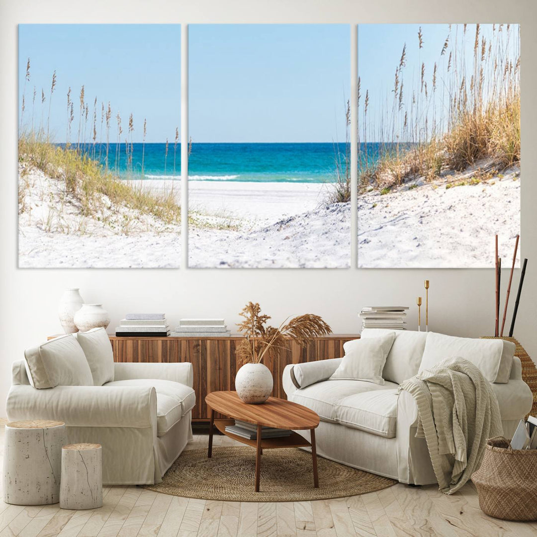 Serene Coastal Dune Path with Ocean View, 3-Panel Beach Canvas Art; tranquil seascape for coastal decor.