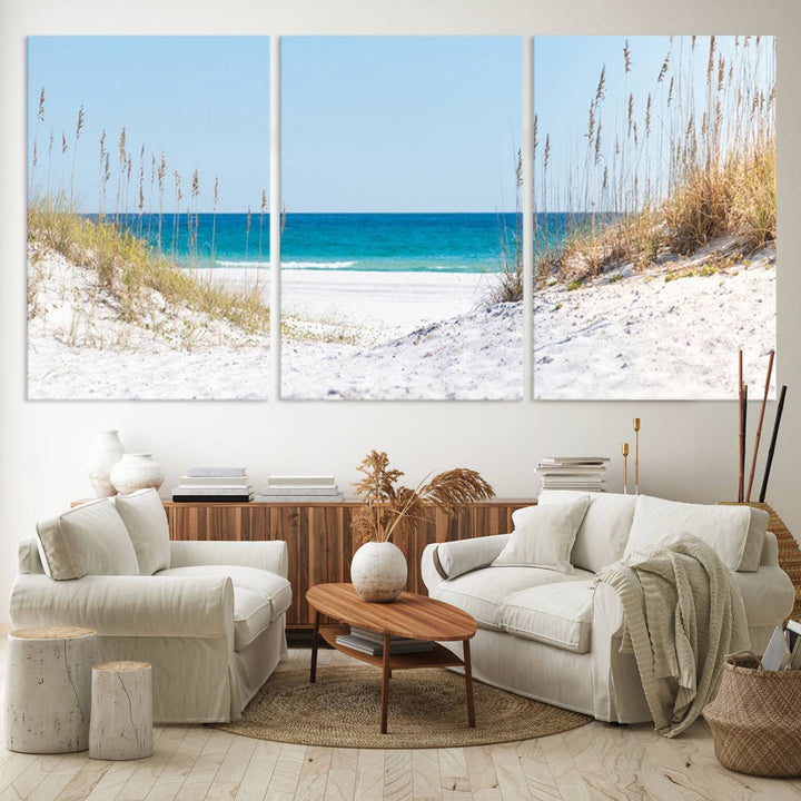 Serene Coastal Dune Path with Ocean View, 3-Panel Beach Canvas Art; tranquil seascape for coastal decor.