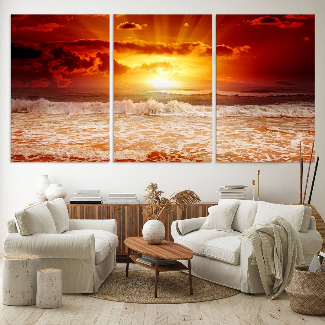 The Red Sunset Ocean Beach Canvas depicts ocean waves.