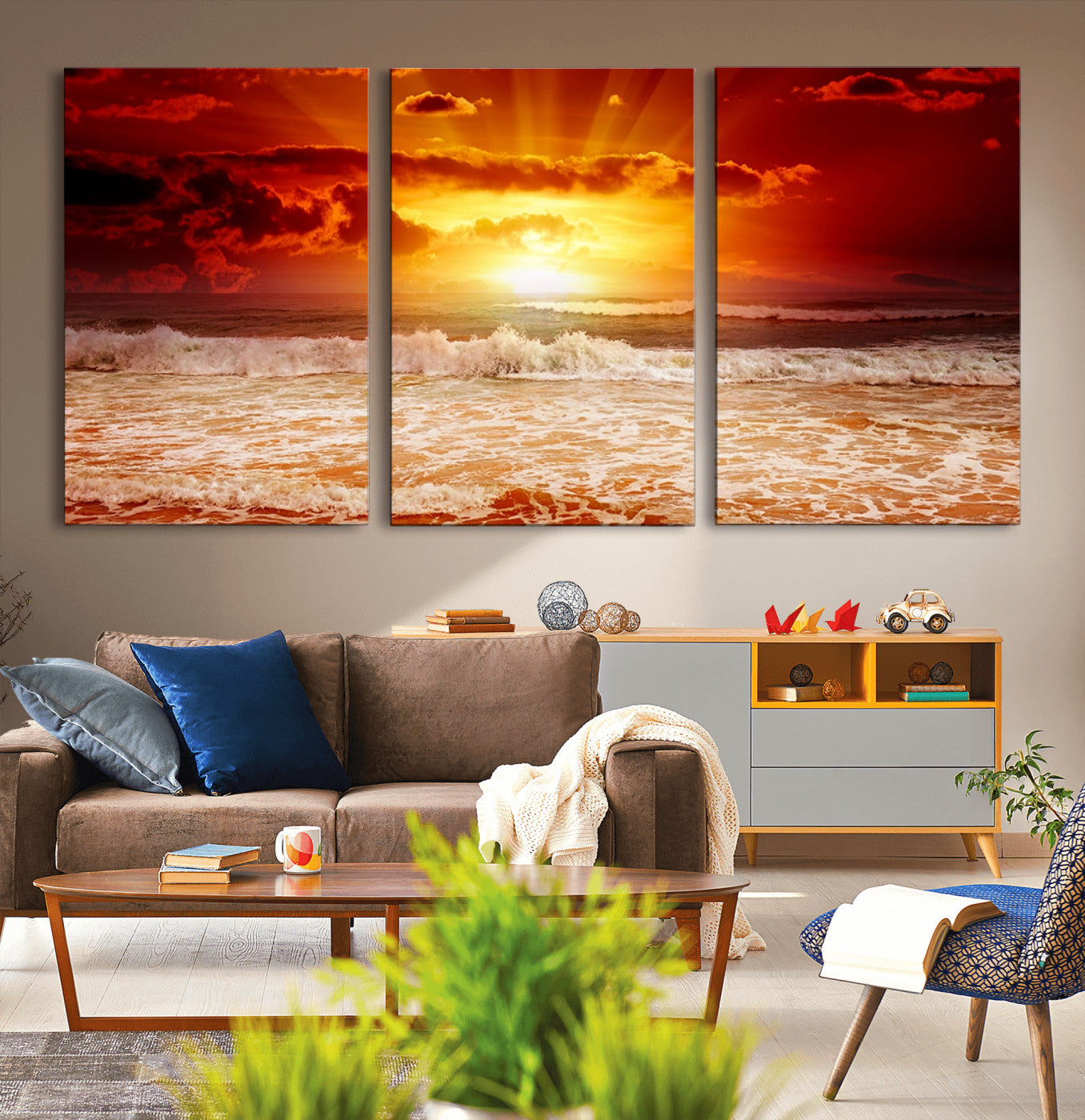 MGV-CV-60X30-3P - Red Sunset Ocean Beach Canvas Wall Art Beach Canvas, Coastal Sunset Print