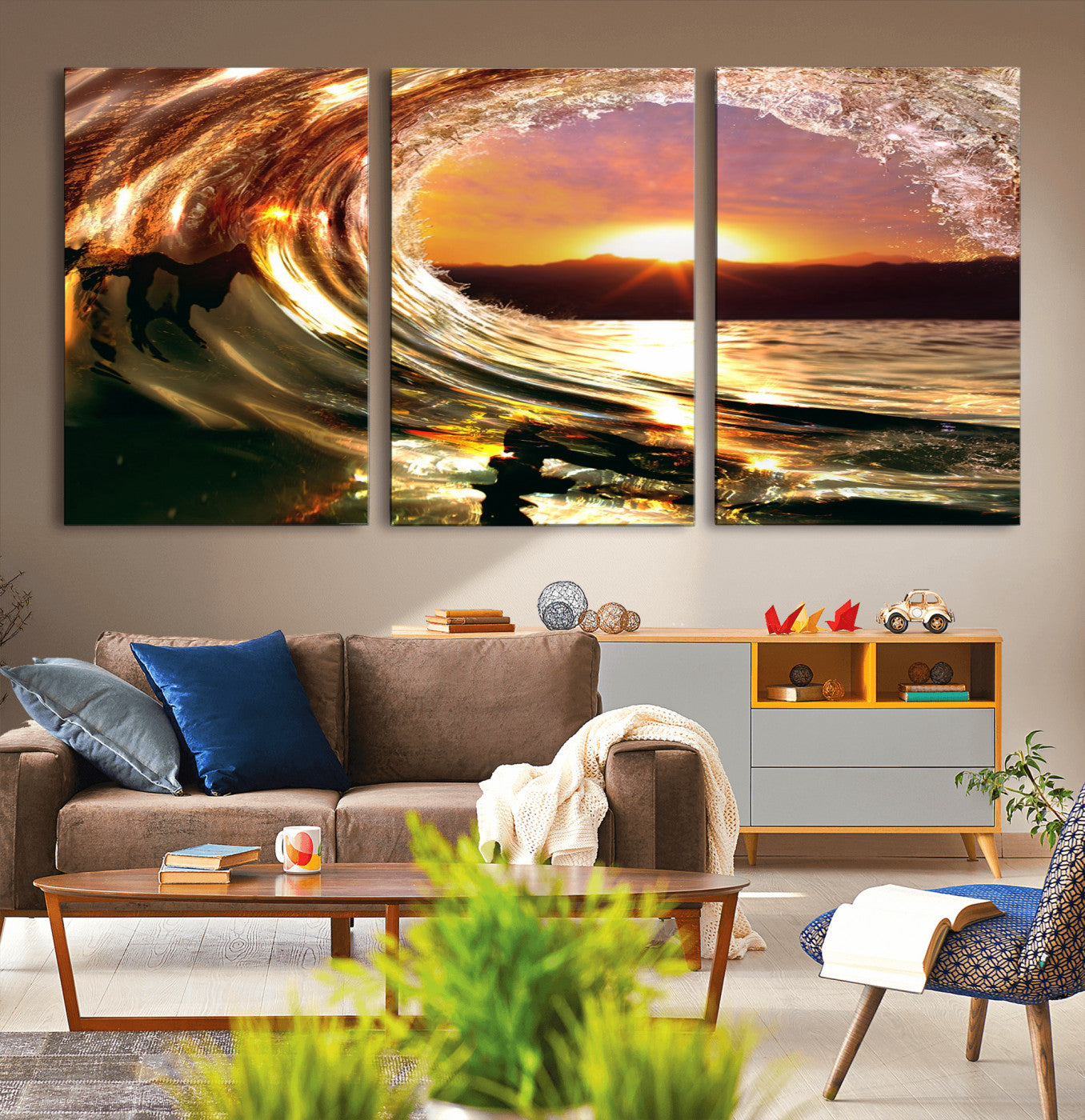 MGV-CV-60X30-3P - Golden Wave Sunset Triptych Canvas Art, Giclee Canvas Print of Ocean Wave and Sunset, Framed Ocean
