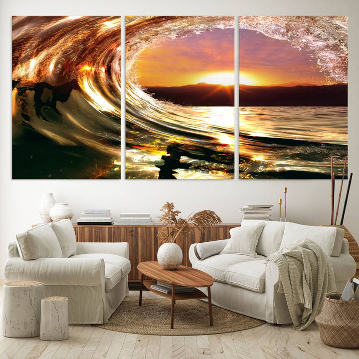 The Golden Wave Sunset Triptych Canvas Art showcases an ocean wave at sunset, casting warm light.