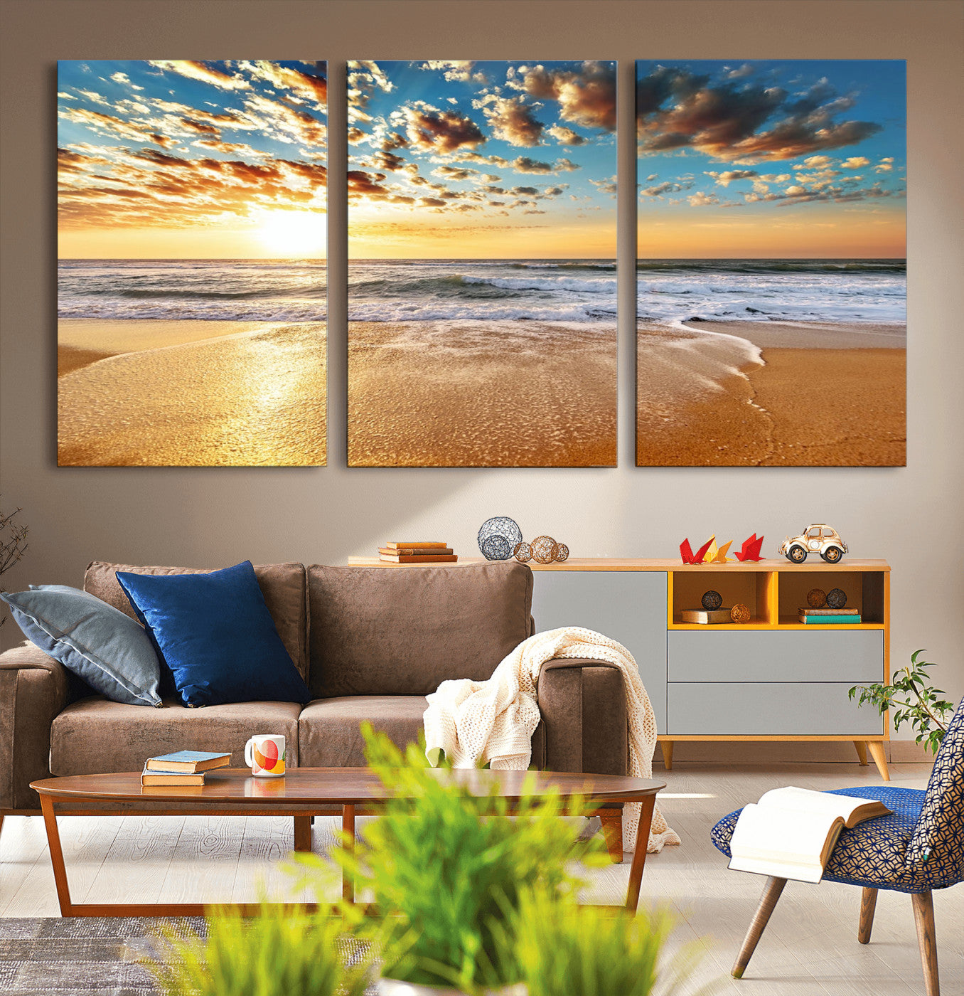 MGV-CV-60X30-3P - Golden Sunset Beach Print Canvas Wall Art, Giclee Canvas Print with Canon Print Quality, Triptych
