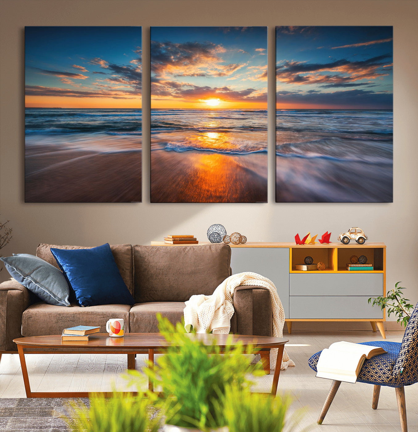 72719-MGV-CV-36X24-Sunset on the Ocean Beach with Waves, Reflections on Sand, Coastal Wall Art Print, Beach Wall Art,
