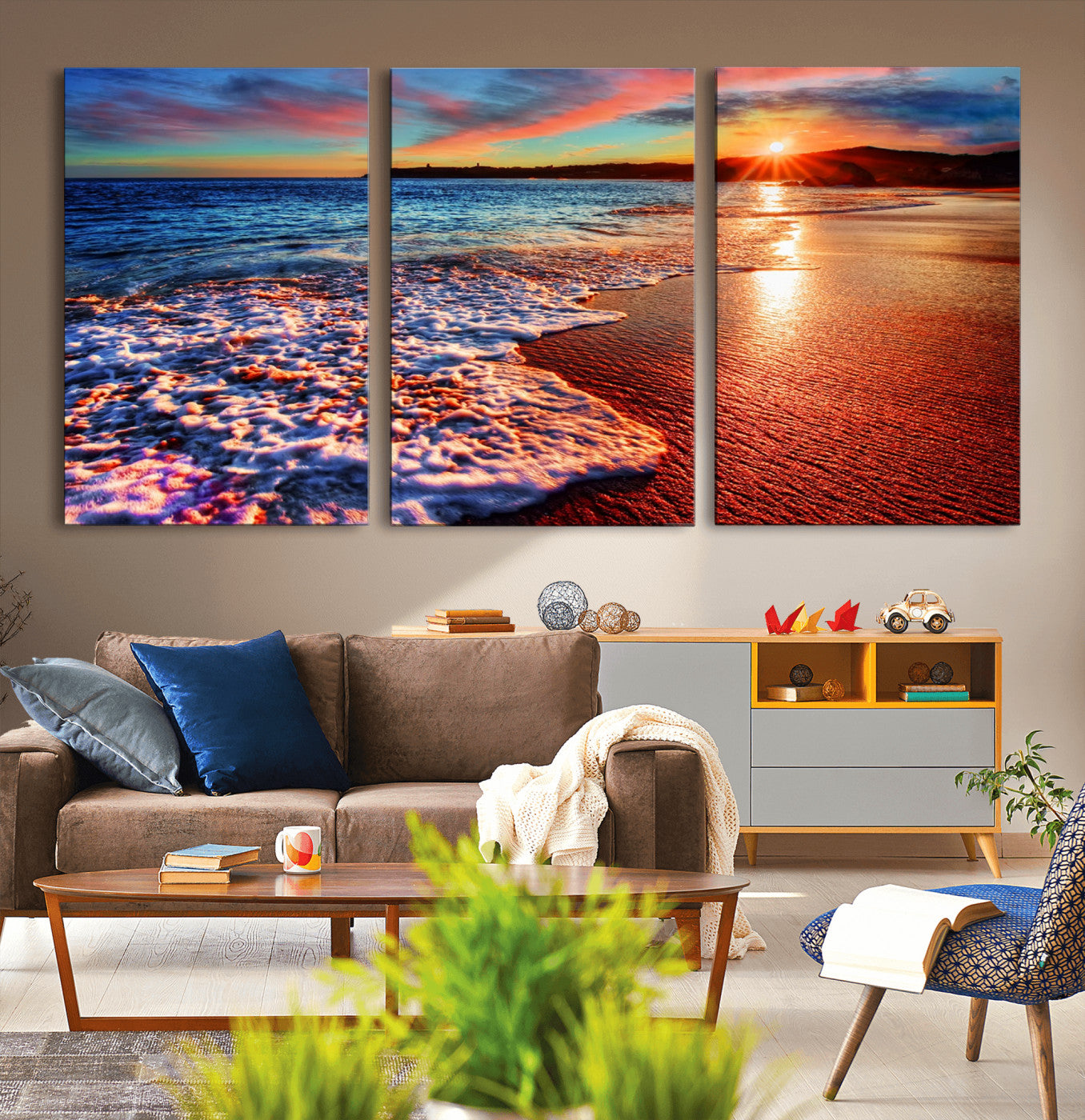 MGV-CV-60X30-3P - Colorful Coastal Sunset on the Beach Canvas Print, Ocean Waves Crashing at Dusk, Multi-Panel Seascape Vibrant Coastal Wall Art Canvas Print