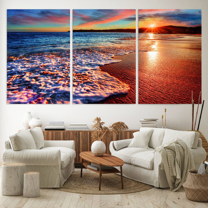 The Colorful Coastal Sunset on the Beach canvas print portrays ocean waves at dusk.