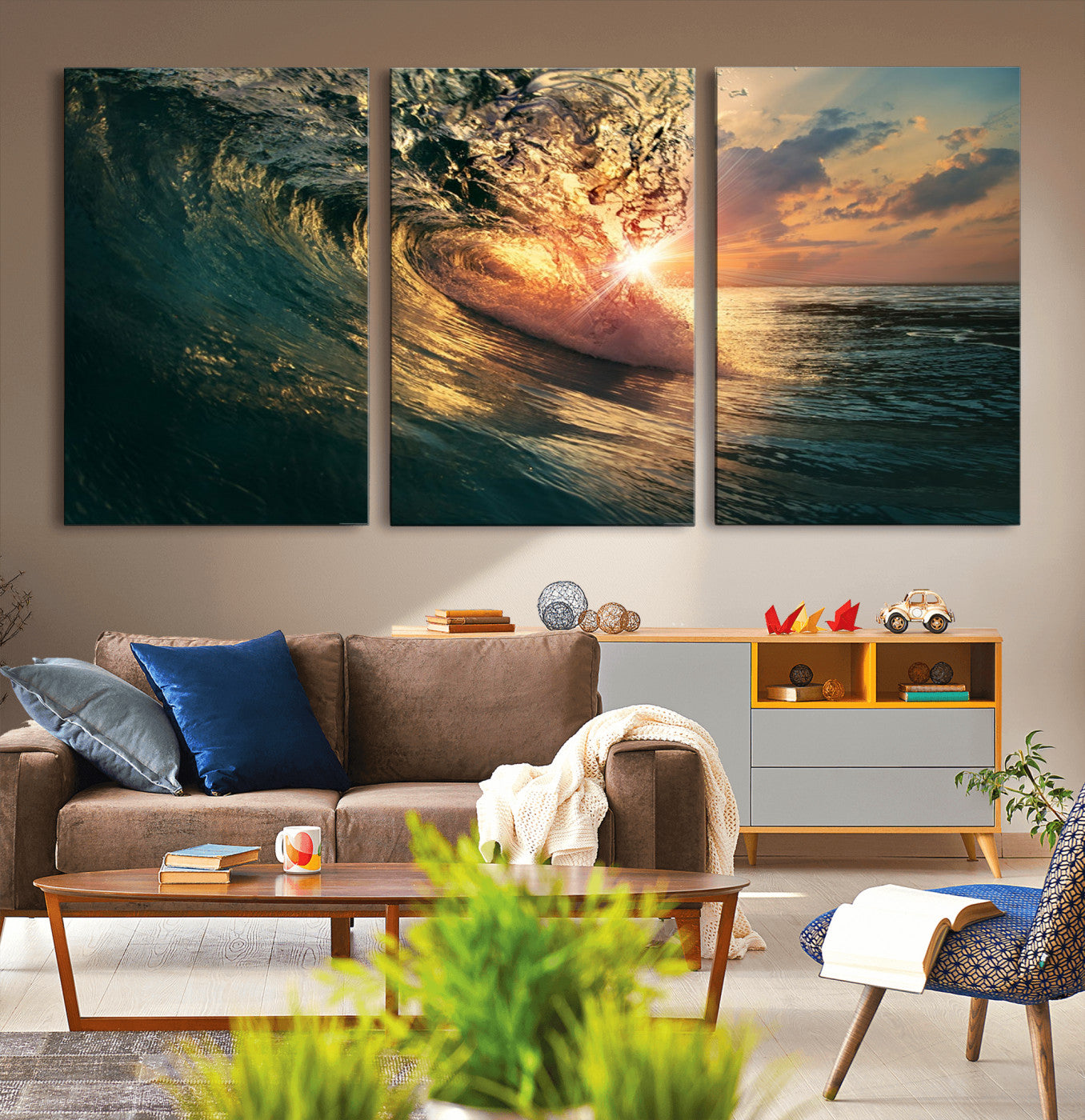 MGV-CV-60X30-3P - Ocean Wave Sunset Canvas Wall Art – Triptych Seascape Print – Framed and Ready to Hang for Living Room or Office