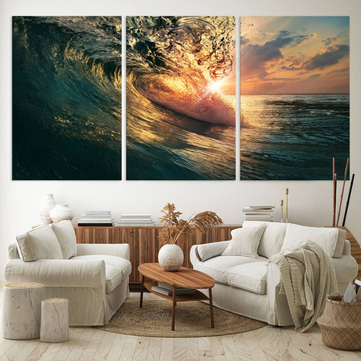 A triptych seascape titled Ocean Wave Sunset Canvas, featuring a stunning ocean view at sunset, is beautifully framed and ready to hang.