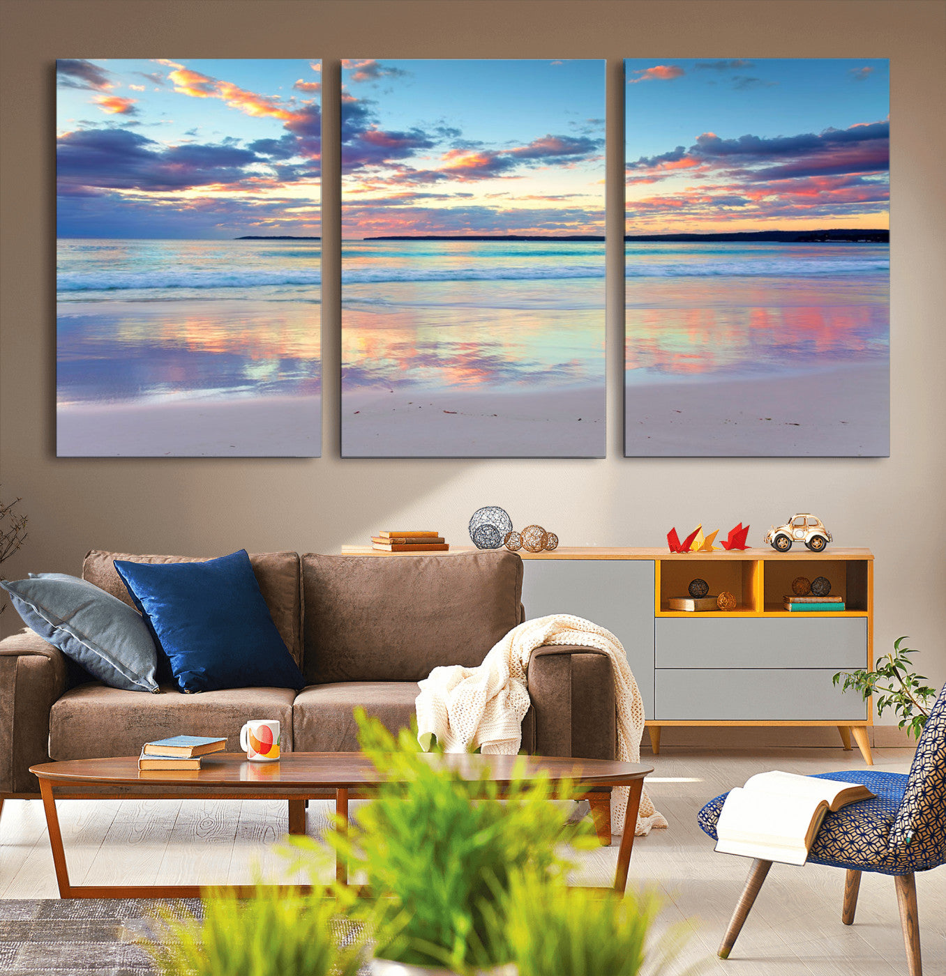 MGV-CV-60X30-3P - Tranquil Pastel Sunset Beach Triptych Canvas Art, Soothing Coastal Ocean Shoreline Giclee Print,
