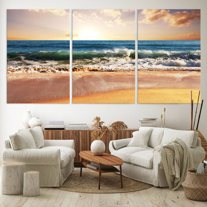 The wall features a Canon-quality Serene Beach Path canvas giclee print, depicting coastal dunes.