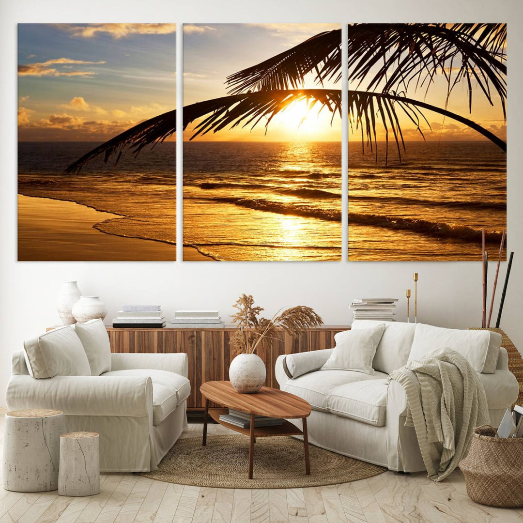 Golden Tropical Beach Sunset Canvas Triptych: Coastal Palm Art & Giclee Print with Gallery Wrap, capturing golden waves.