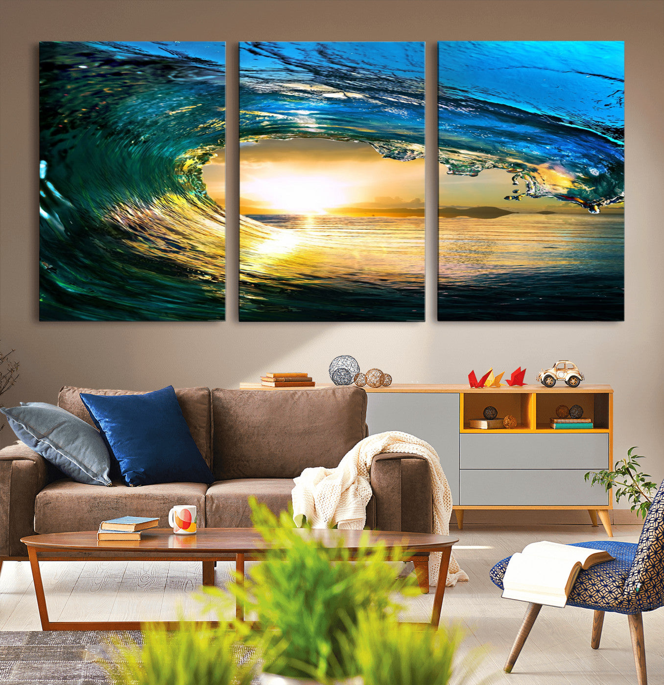 MGV-CV-60X30-3P - Ocean Wave at Sunset Canvas Art, Large Wall Print of Vibrant Water Waves, Coastal Art for Living Room and Dining Room