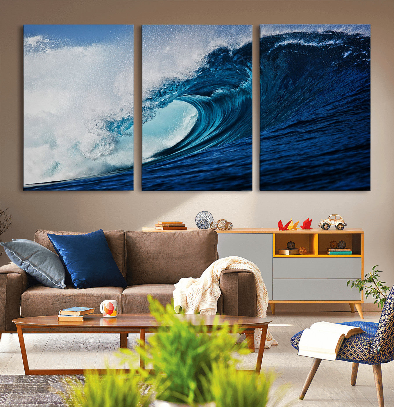 MGV-CV-60X30-3P - Ocean Wave at Sunset Canvas Art, Large Wall Print of Vibrant Water Waves, Coastal Art for Living