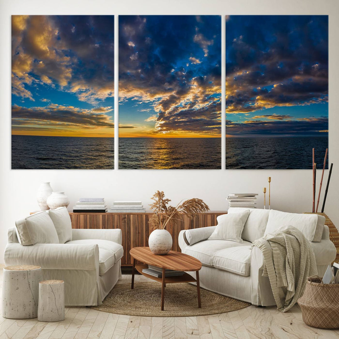 Dramatic Ocean Sunset Canvas Art, Panoramic Seascape Wall Art, Giclee Canvas Print with Canon Quality for Coastal Decor