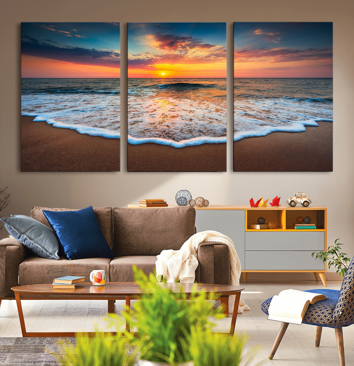 16110-MGV-CV-36X24-Sunset Beach Canvas Wall Art – Colorful Ocean Waves Triptych – Coastal Decor for Living Room or