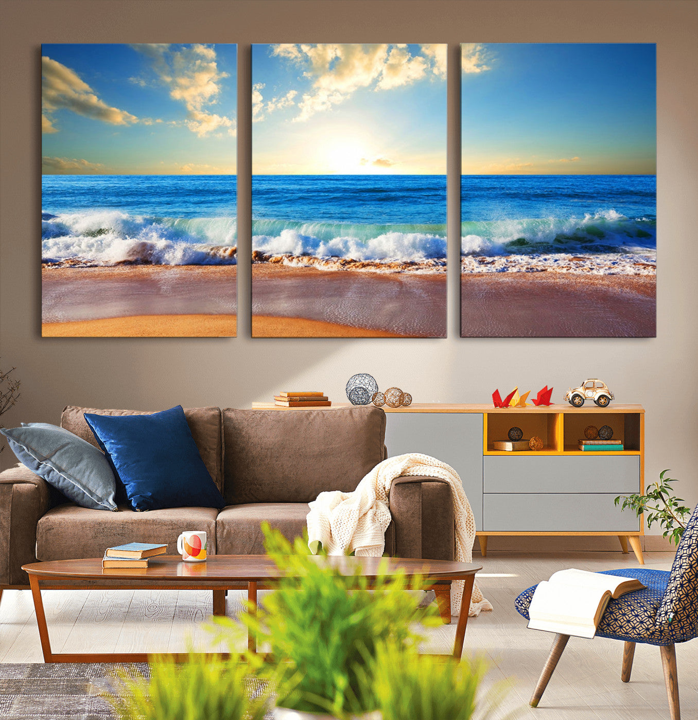 MGV-CV-60X30-3P - Tropical Beach Sunset Canvas Art, Ocean Waves and Sandy Shoreline Wall Art, Large Beach Decor for Coastal Homes