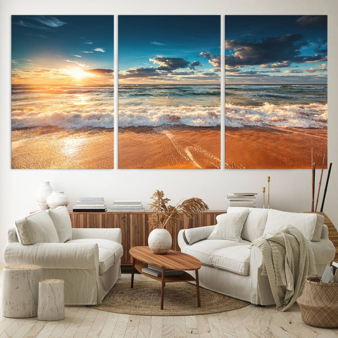 A Golden Sunset Beach Triptych Canvas Art hangs on a white wall.