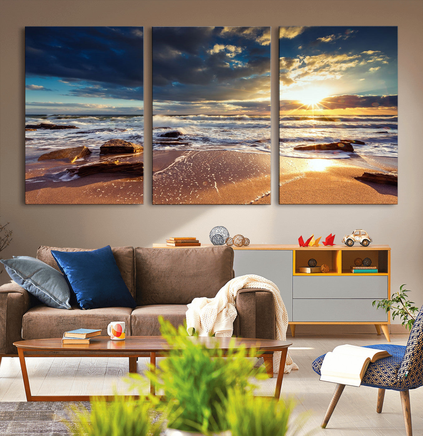 44481-MGV-CV-36X24-Golden Hour Beach Sunset Canvas Triptych, Ocean Waves and Rocks Wall Art for Coastal Home Decor