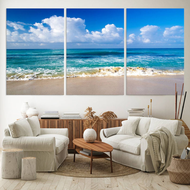 Tropical Beach 3-Panel Canvas Wall Art – Serene Ocean Waves and Blue Sky – Giclée Print for Living Room, Office, or Bedroom Coastal Decor