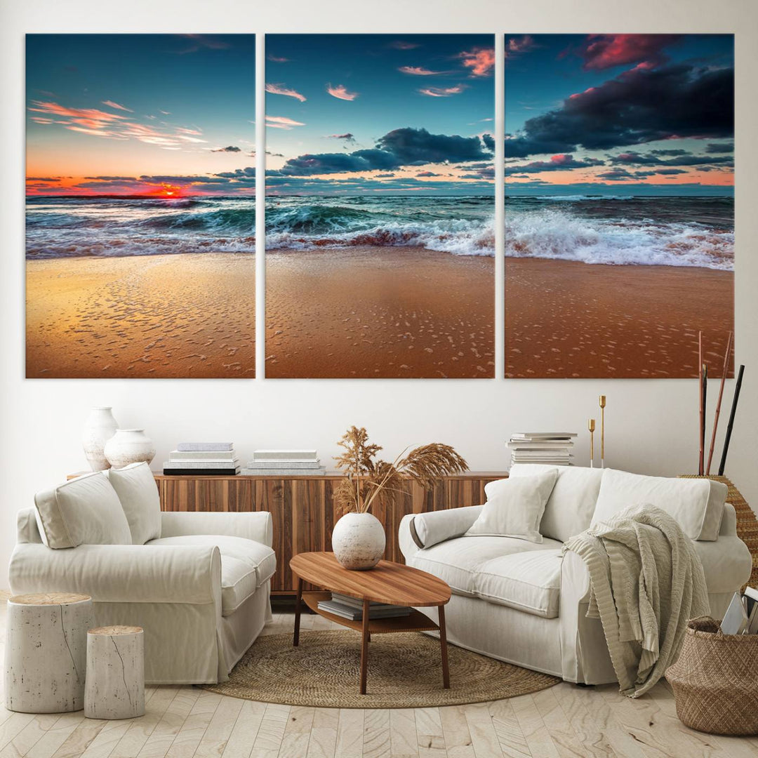 Sunset on Beach Wall Art: Waves under a vibrant sky. Crafted on museum-quality canvas, ready to hang and admire.