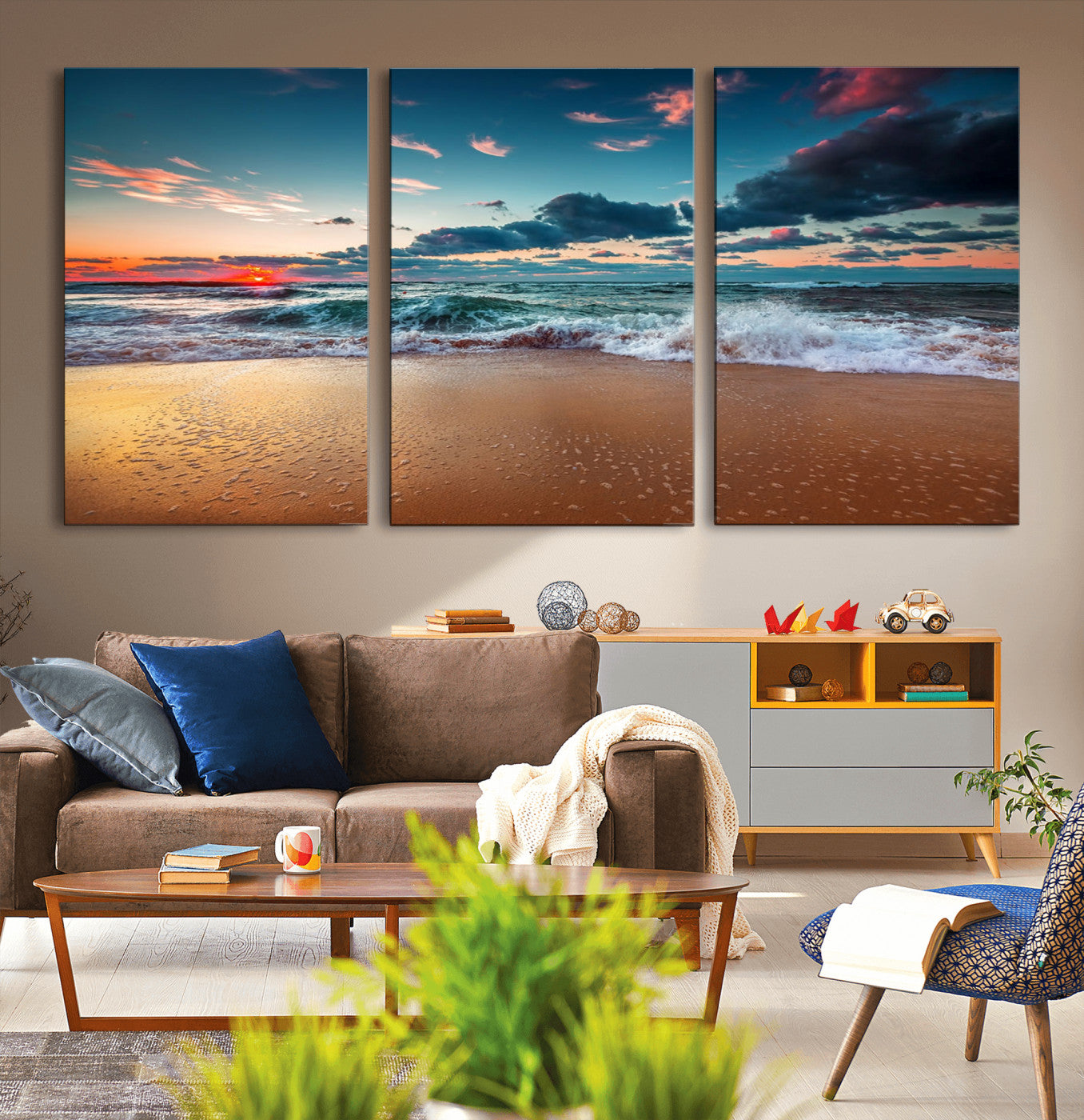 MGV-CV-60X30-3P - Sunset Ocean Beach Wall Art – Giclee Canvas Print, Coastal Seascape, Ready to Hang, Beach Decor, Large 3-Panel Set for Living Room