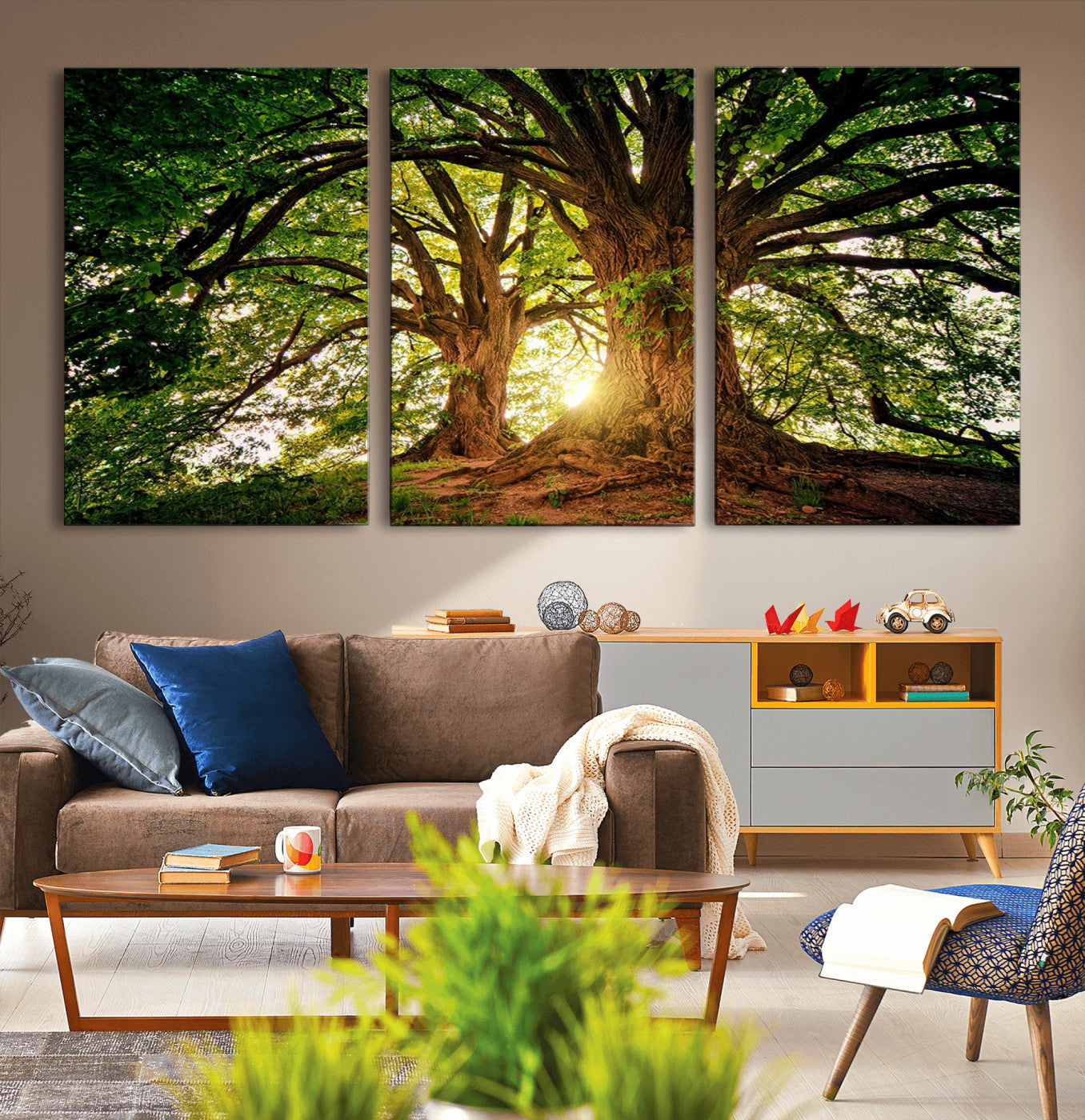 MGV-CV-60X30-3P - Majestic Ancient Tree Wall Art, NatureCanvas Print, Woodland Art, Tree of Life Artwork, Sunlit