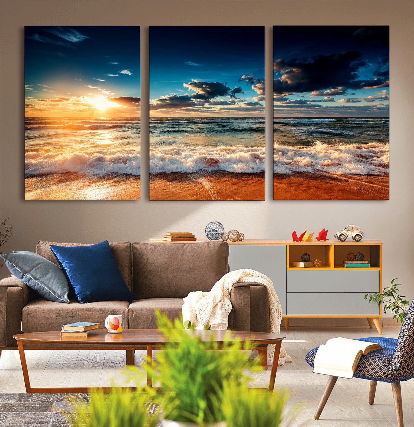 26996-MGV-CV-36X24-Golden Hour Sunset Over Ocean Waves Wall Art Canvas Print | 3 Panel Coastal Landscape Canvas Wall