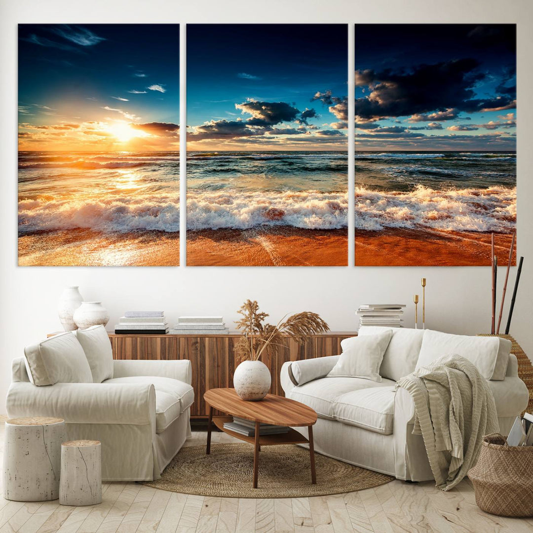 Golden Hour Sunset Over Ocean Waves Canvas: 3-Panel Coastal Landscape Art with Stunning Beach Photography Print.